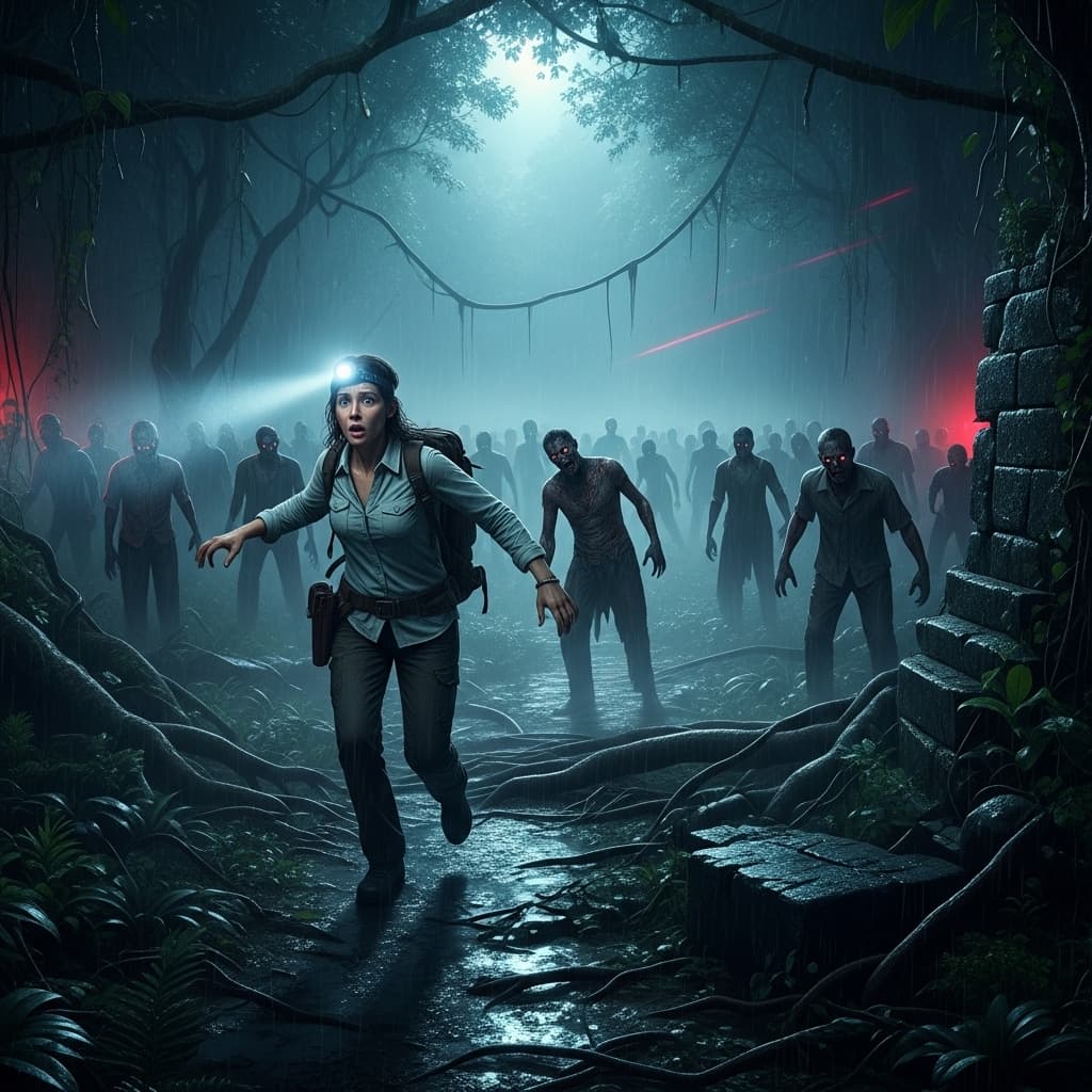 AI generated: A terrified female archaeologist running through a dense jungle at night, chased by an army of hundr...