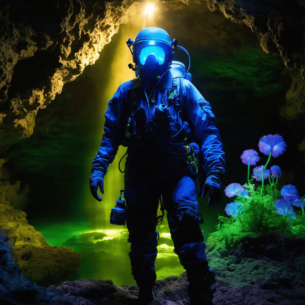 AI generated: A subterranean explorer, aged 35, clad in advanced underground exploration gear, stands within a col...