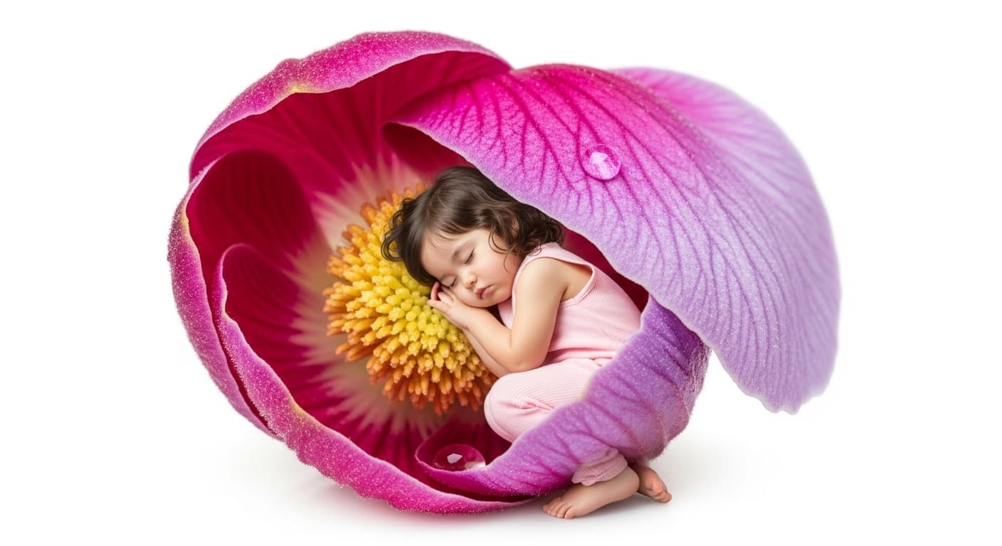 AI generated: In the calyx of an exotic flower, an adorable Asian girl lies down and sleeps, white background.