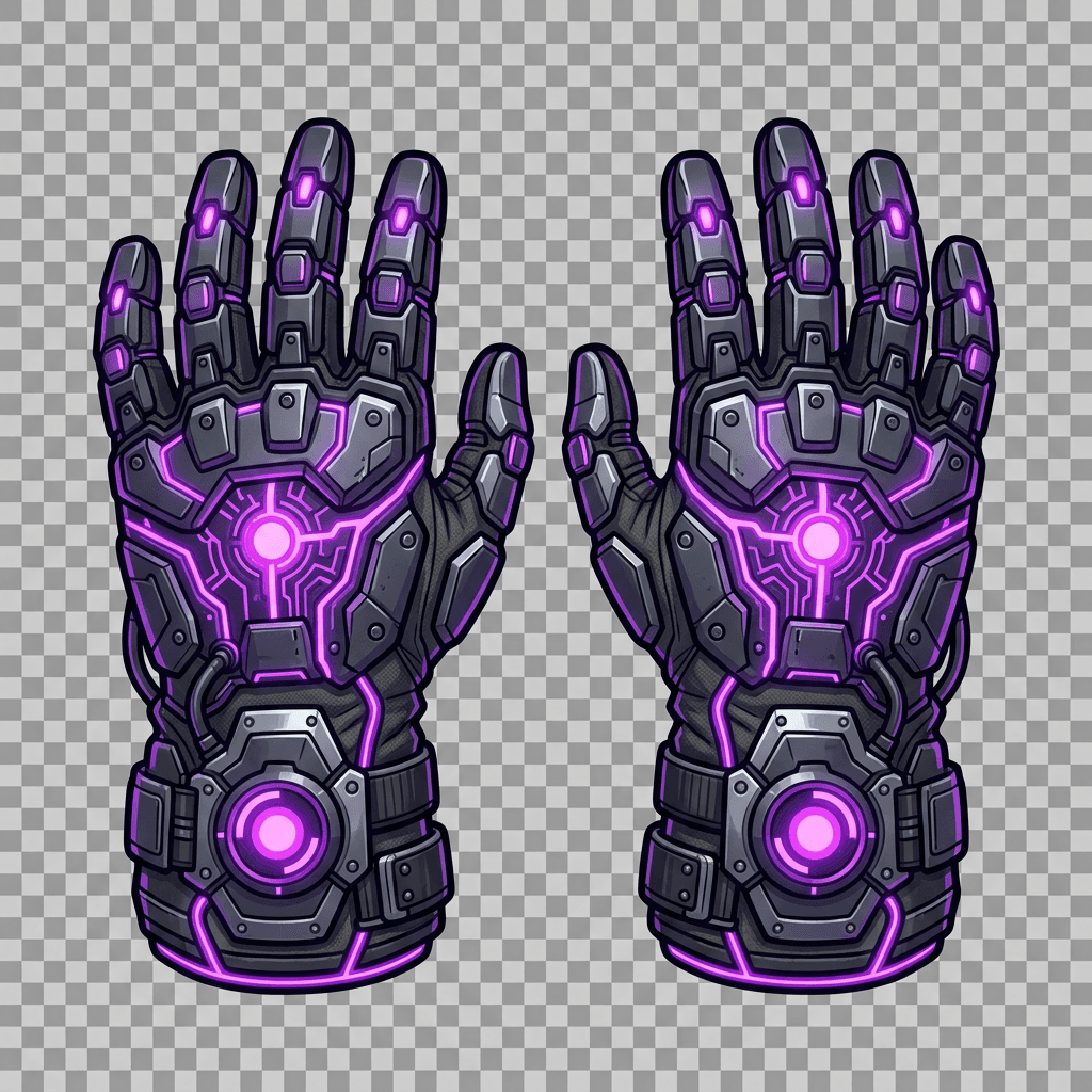 AI generated: "Futuristic reinforced gloves, purple (#B93AF4) energy glow, cyberpunk, flat icon, transparent bg, 1...