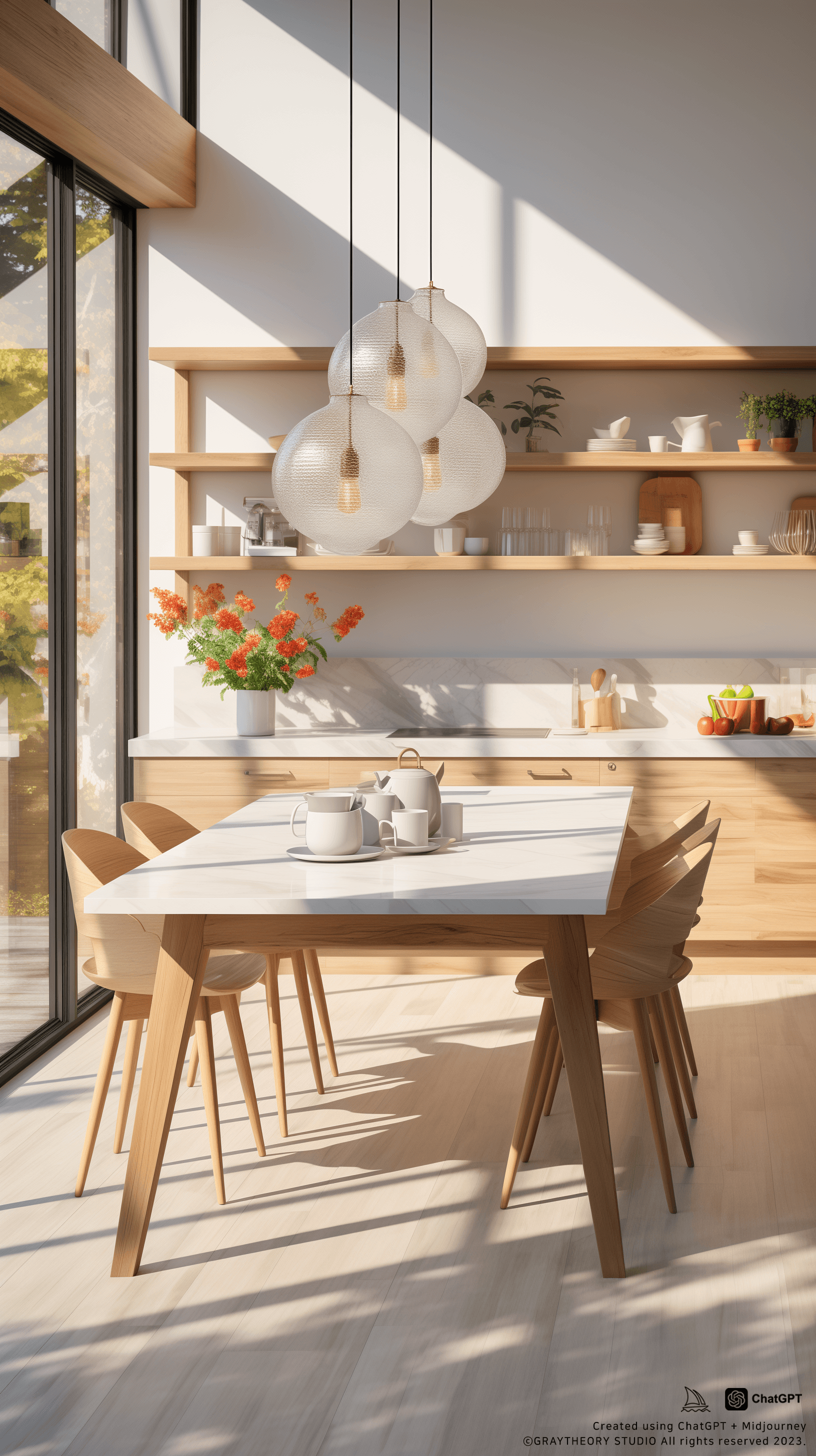 AI generated: front view, photorealism, kitchen,dezeen style, minimalistic, warm white color, white big marble til...