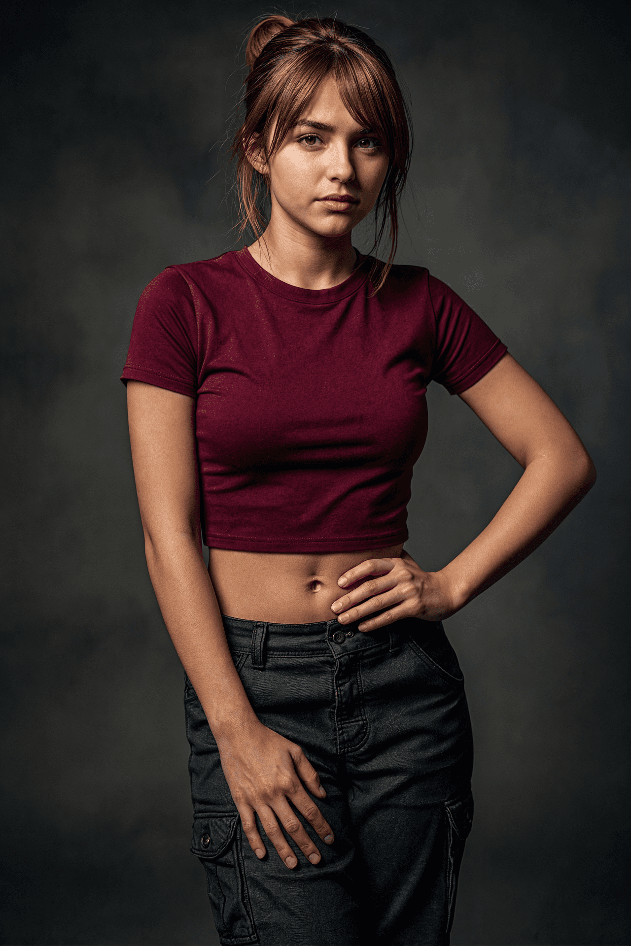 AI generated: A striking young woman in her late teens to early 20s with warm even-toned skin and chestnut brown h...