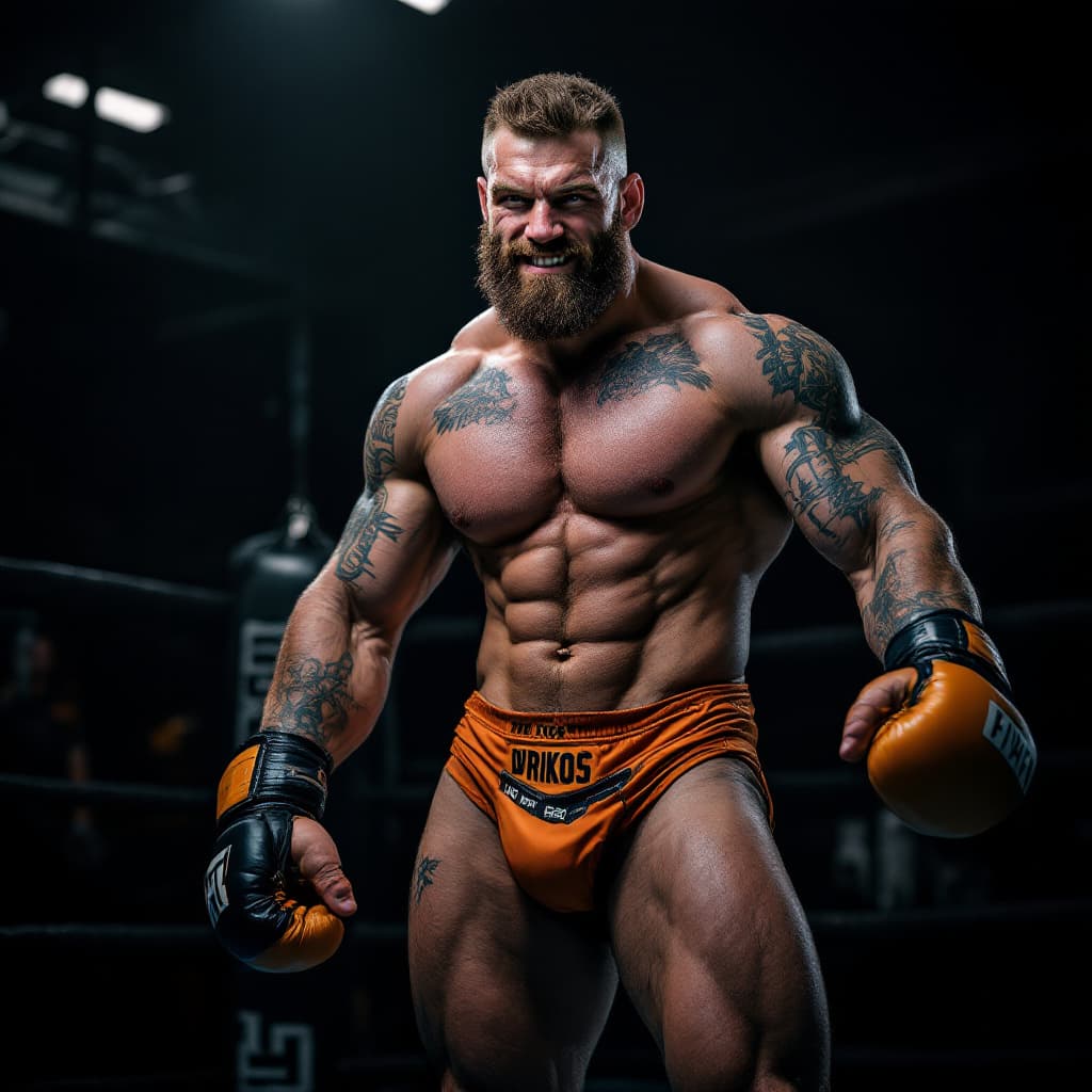 AI generated: Full body head to toe image irish stud MMA fighter, muscular legs, big feet, short brown hair hard p...