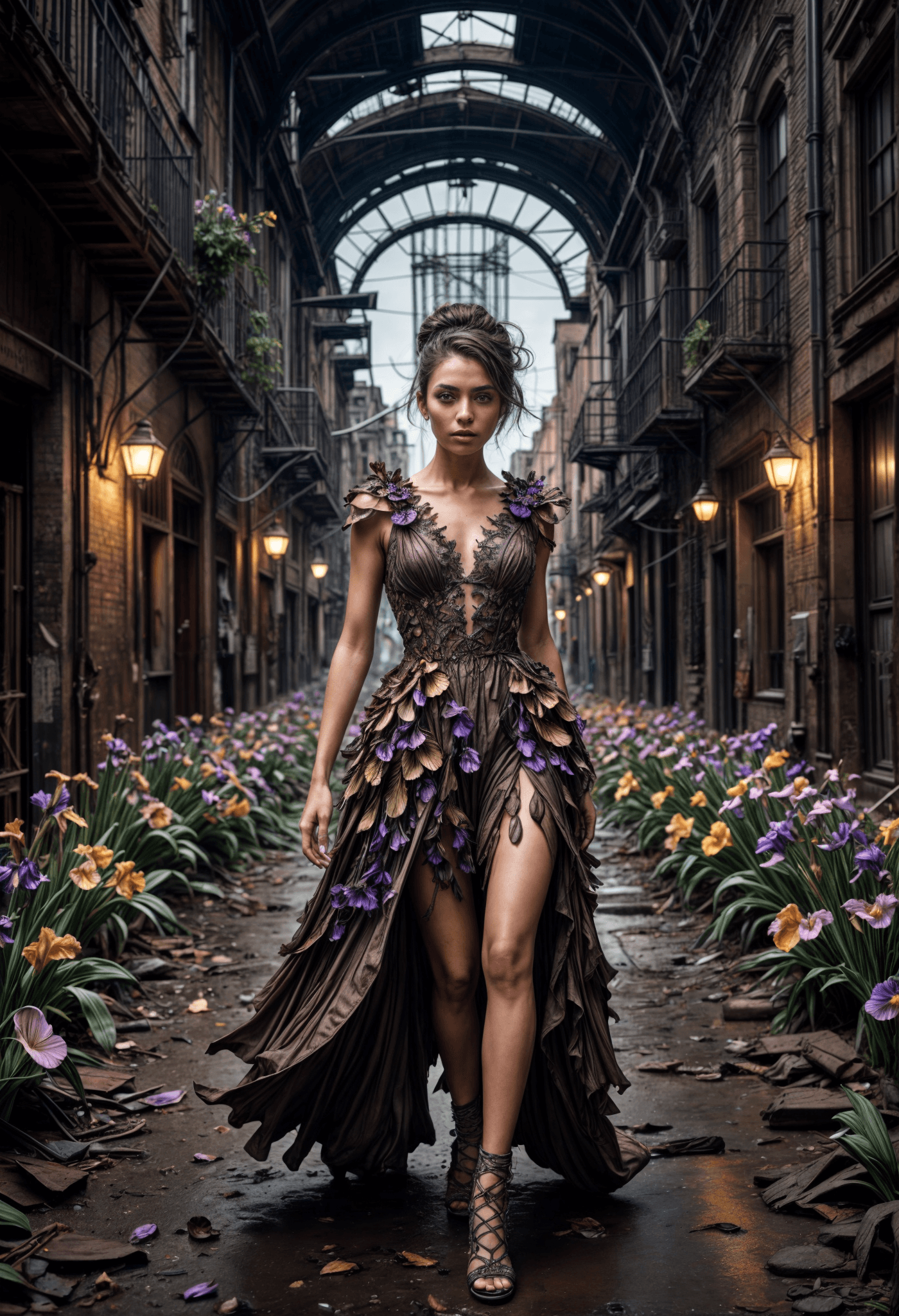 AI generated: A cinematic photo of a brunette fashion model wearing a magical lilal flower petal-made dress, as sh...
