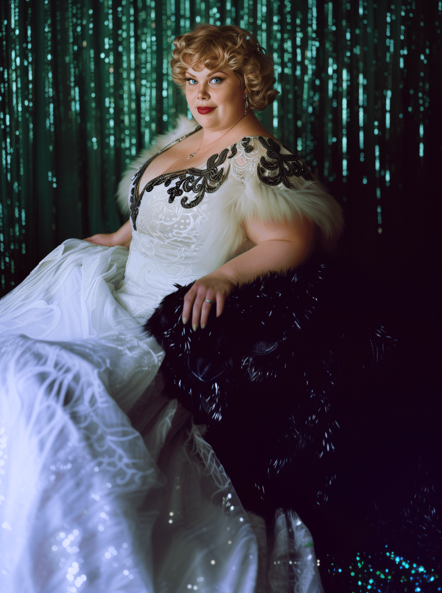AI generated: A photograph of an overweight woman with blonde hair and blue eyes, wearing a white dress adorned wi...