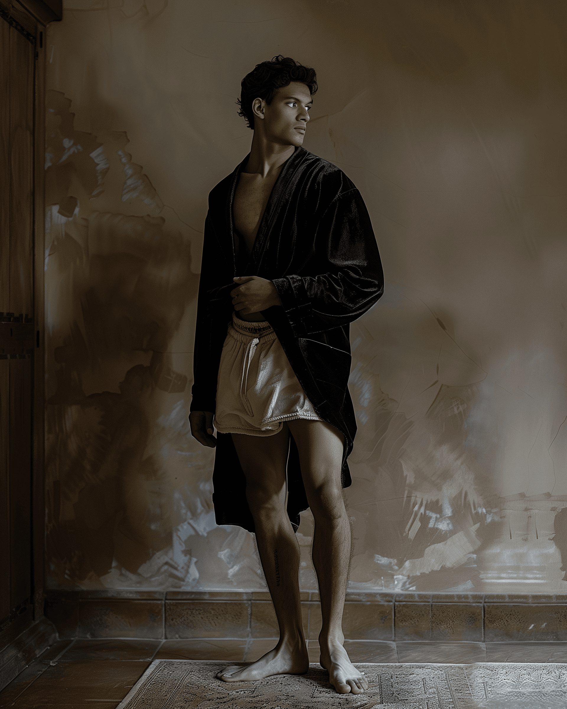 AI generated: ull body photograph of man wearing black velvet robe, shorts and slippers --ar 51:64 --v 6.0 