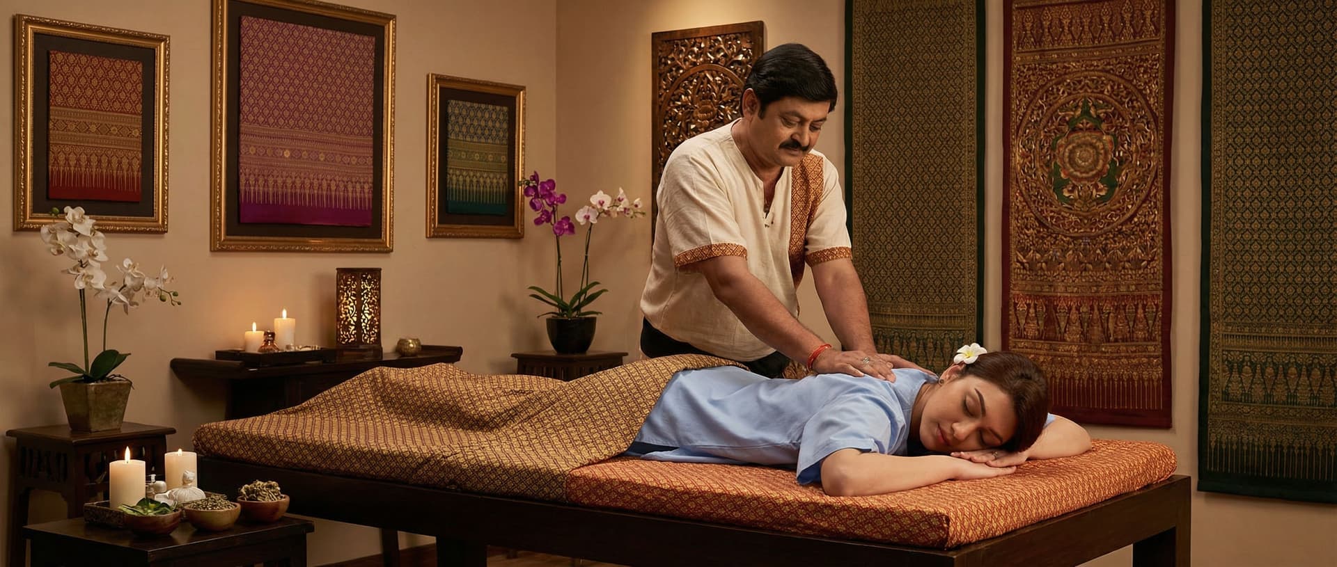 AI generated: thai massage  indian man giving a massage to a woman lying on a massage bed. Realistic pictures with...
