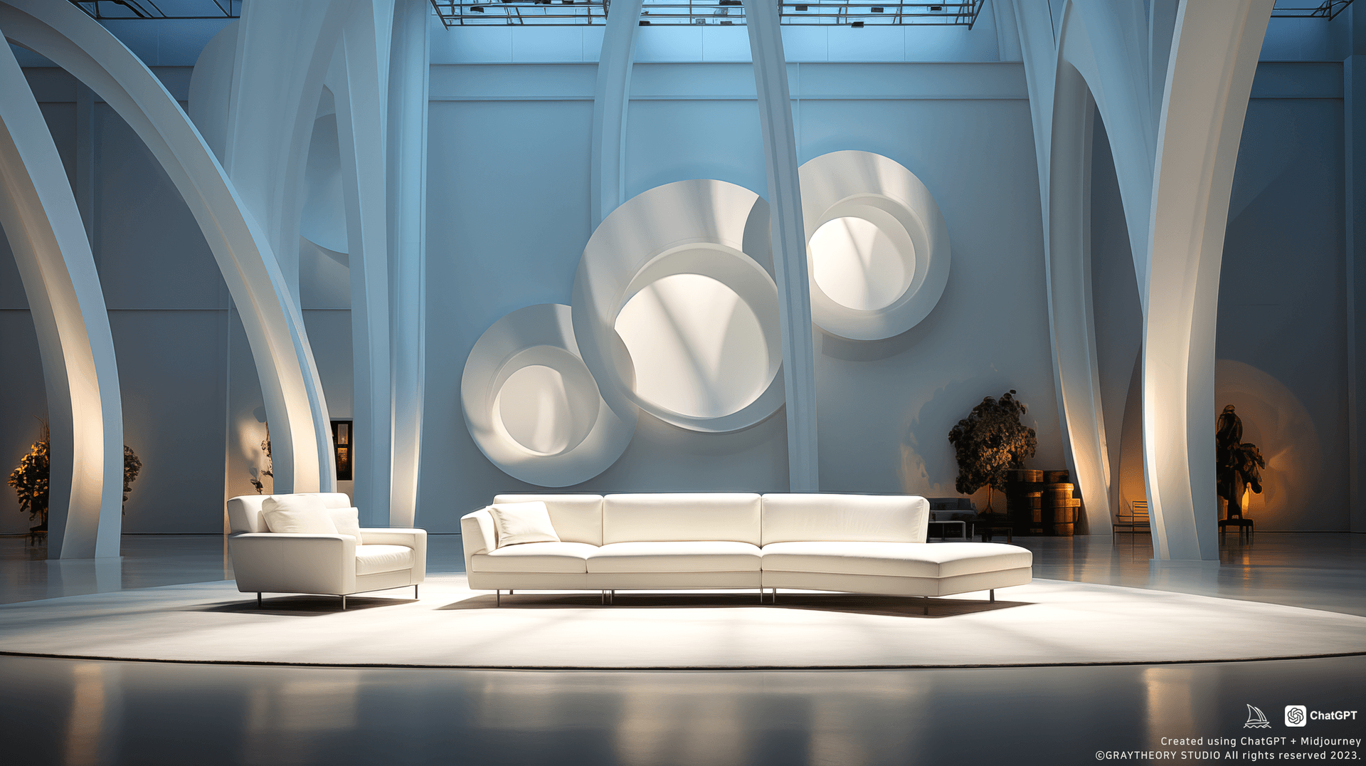 AI generated: candid shot, canon EOS 5D, show room, high ceiling, minimalistic, white matt color tone, midcentury ...