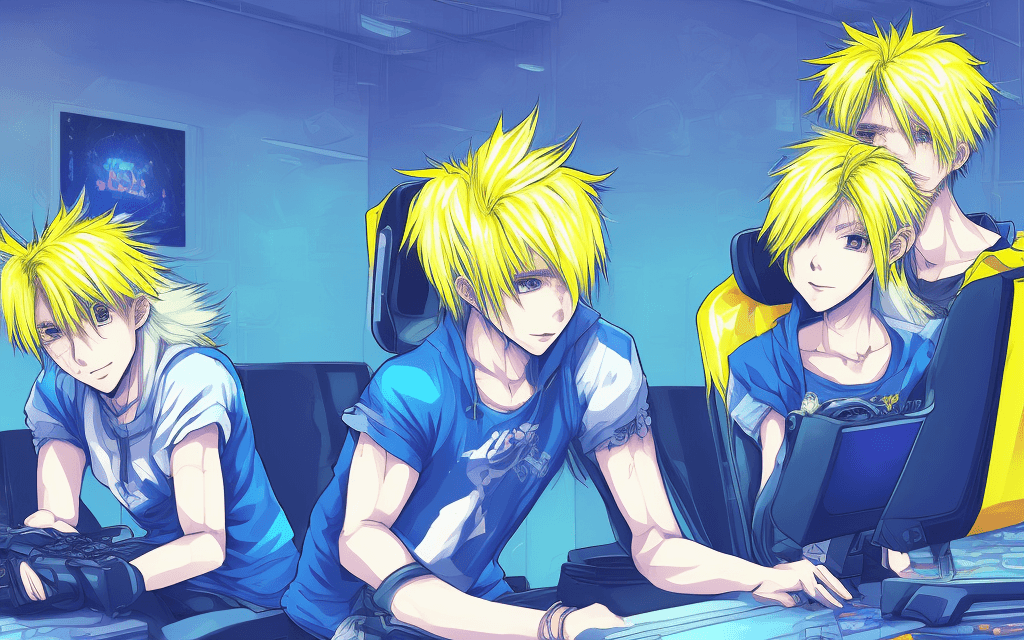 AI generated: Animestyle illustration of a Yellow-haired male character and blue-haired female character are sitti...