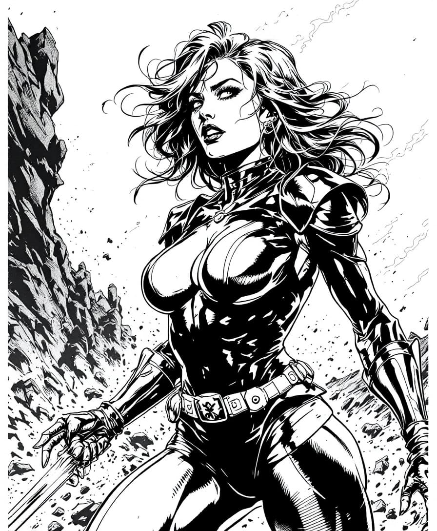 AI generated: female in 90s Top Cow comic style, dynamic pose, inked line art, comic book illustration, detailed s...