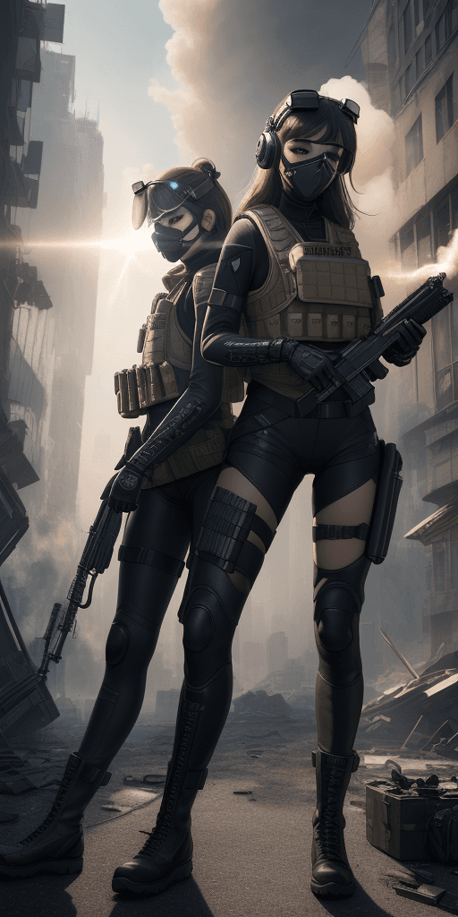 AI generated: ((high quality)), ((masterpiece)), 16k, 2girls, bulletproof vest, light rays, extremely detailed CG ...