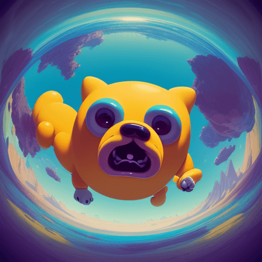 AI generated: Jake, adventure time, jake from adventure time, jake the dog, whimsical, surreal landscape, fisheye ...