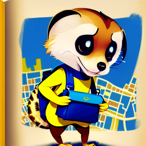AI generated: childrens book illustration of a yellow meerkat with a blue shirt and a bag of maps, style of a disn...