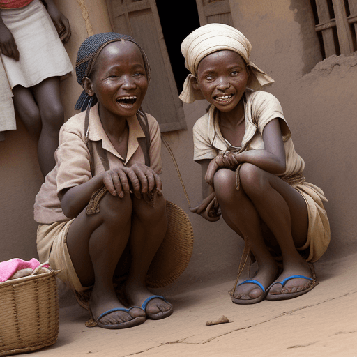 AI generated: A low angle very close front clear photo two laughing female students in Africa with knickers put do...