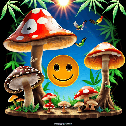 AI generated: mushrooms, marijuana leafs, trees, smiley face sun, clear sky, colorful birds, colorful, high resolu...