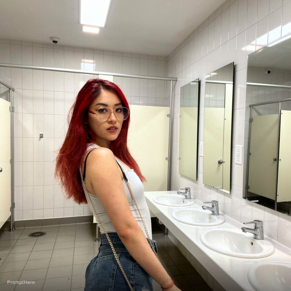 AI generated: Reimagine this woman relieving herself in a bathroom stall using a urinal