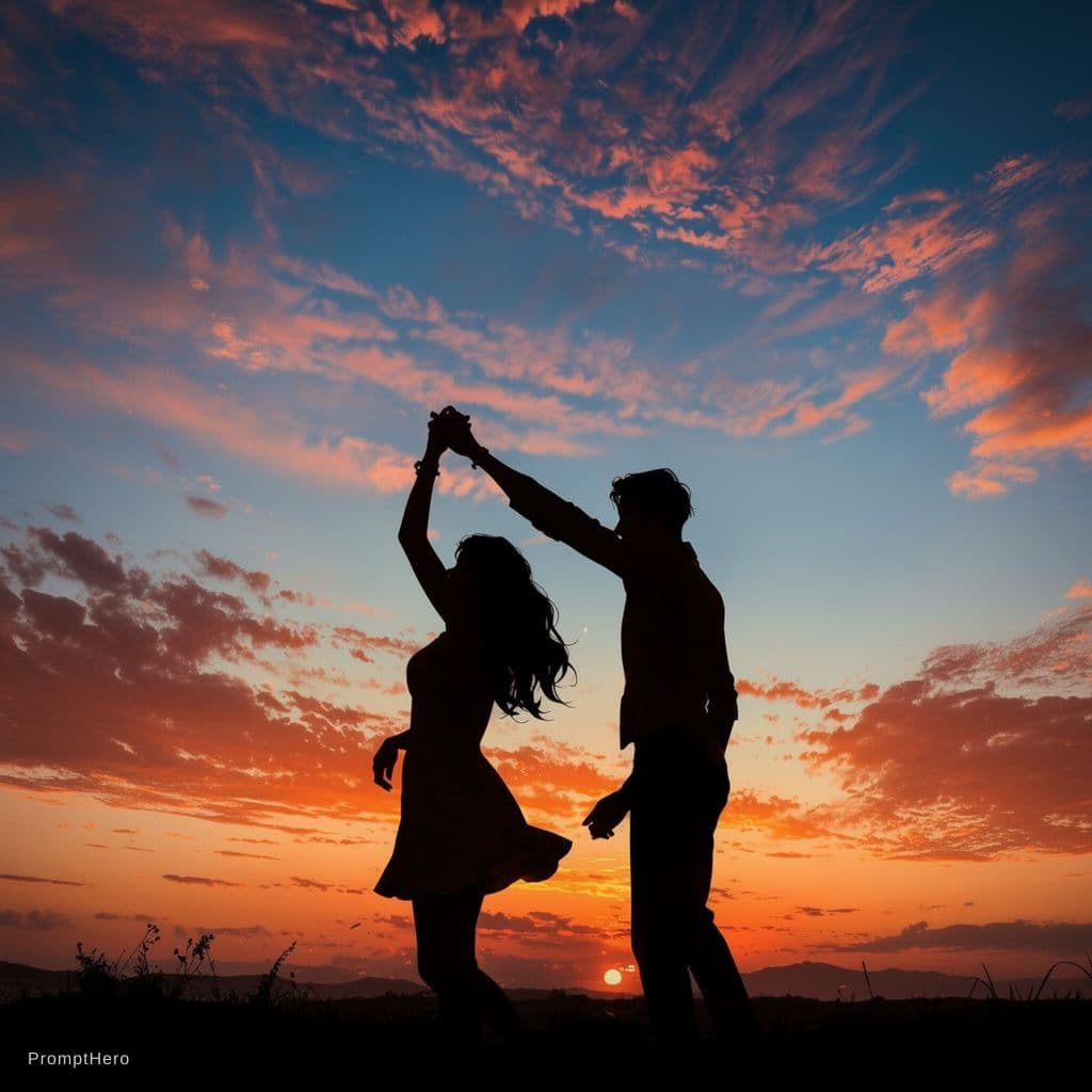 AI generated: Against the backdrop of a vibrant sunset, a young couple dances joyfully in the center of the frame....
