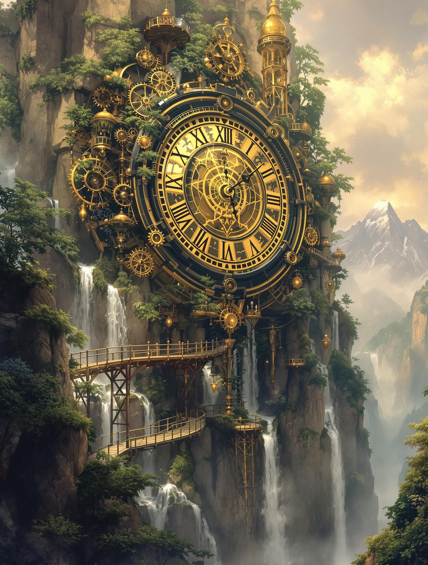 AI generated: Epic fantasy steampunk clock. Medium shot. An intricately mechanized clock embedded into a colossal ...