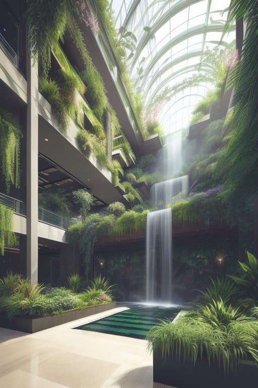 AI generated: epitome of biophilic design, public space, atrium, interior, indoor waterfall feature, verdant desig...