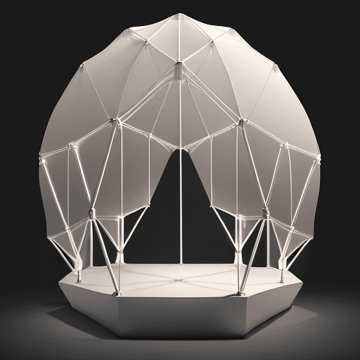 AI generated: "Behold a marvel of design—an egg-shaped tent structure that emanates a soft glow. Crafted from alum...
