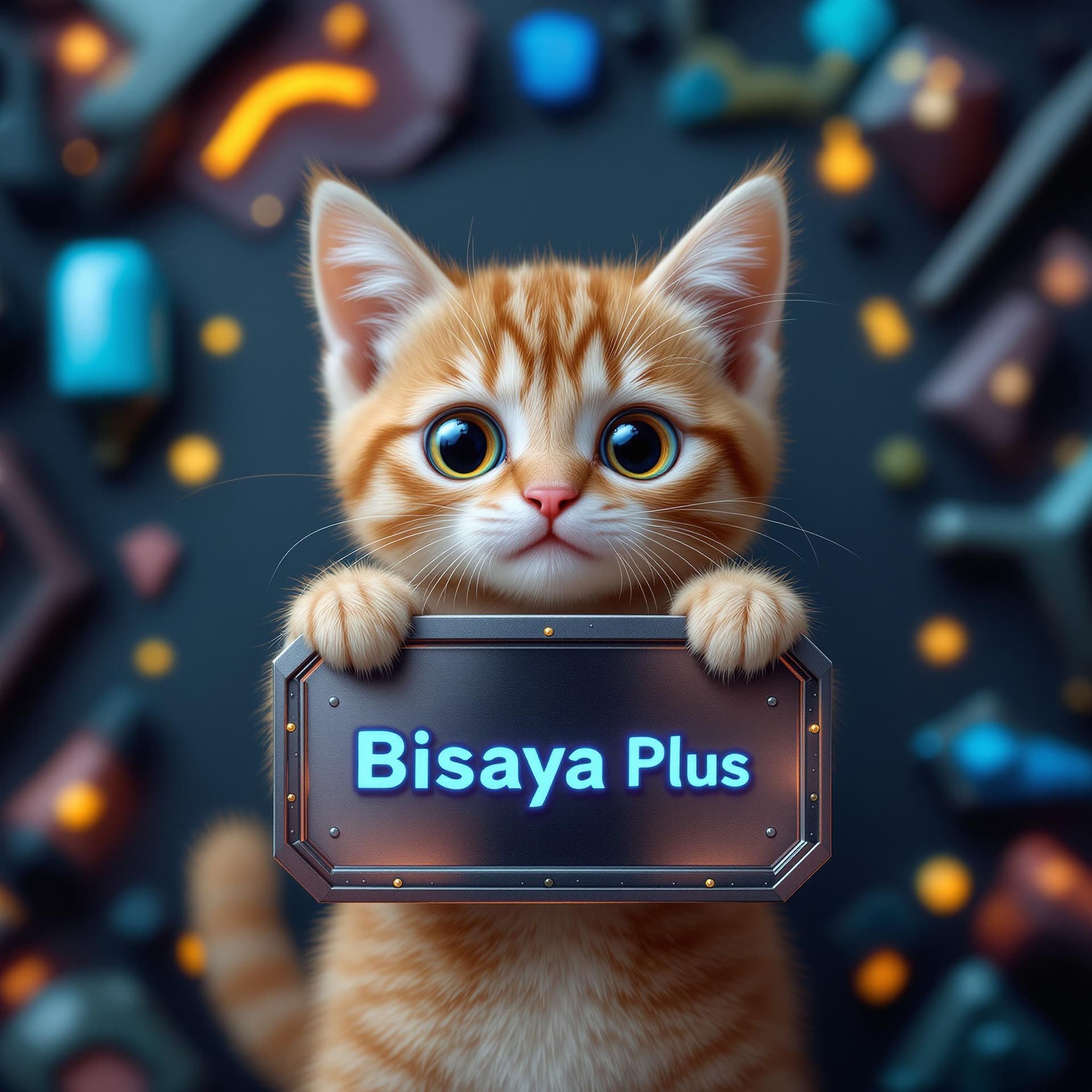 AI generated: Cute Baby cat with huge eyes, sad eyes, holding a Flat lay mockup of [a futuristic metal sign] (with...