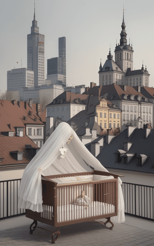 AI generated: Create an image that represents Marie Curie's birth in Warsaw, Poland. The city skyline with charact...