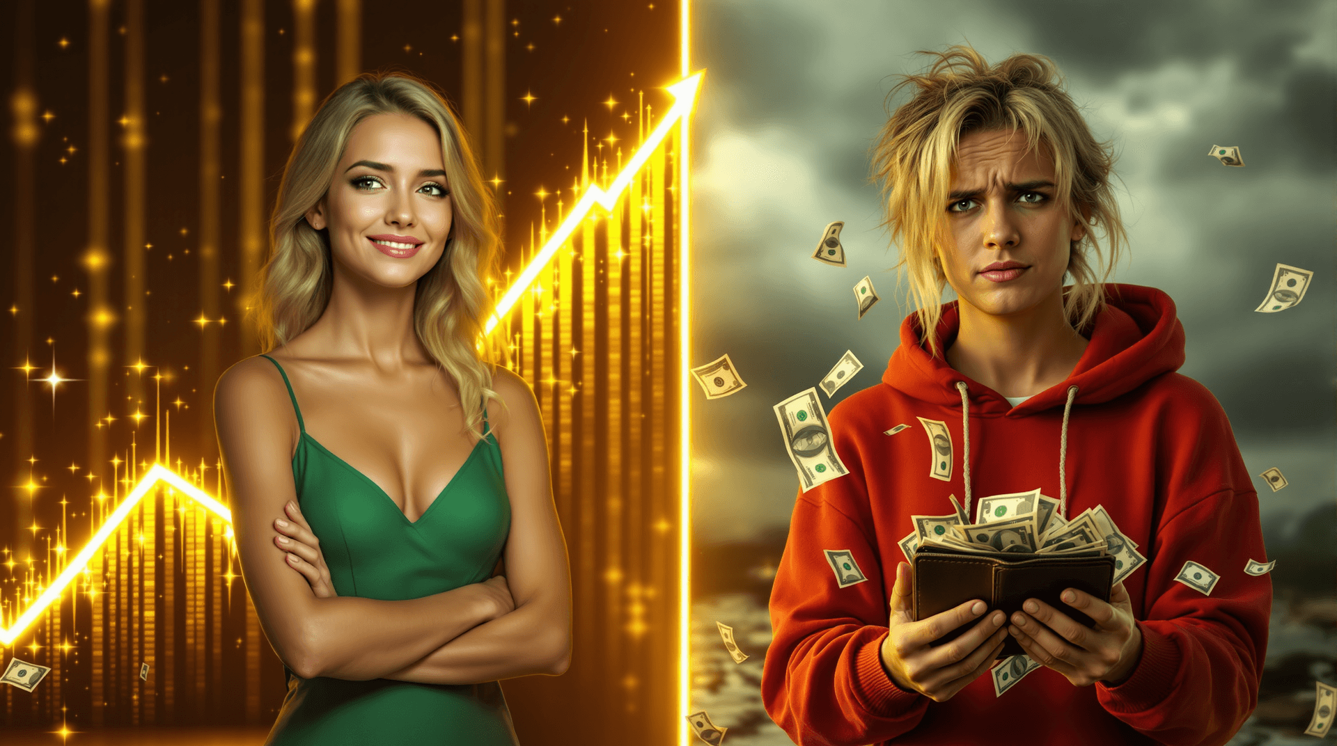 AI generated: YouTube thumbnail, split vertically down the middle (16:9).
On the left side: a young blonde woman ...