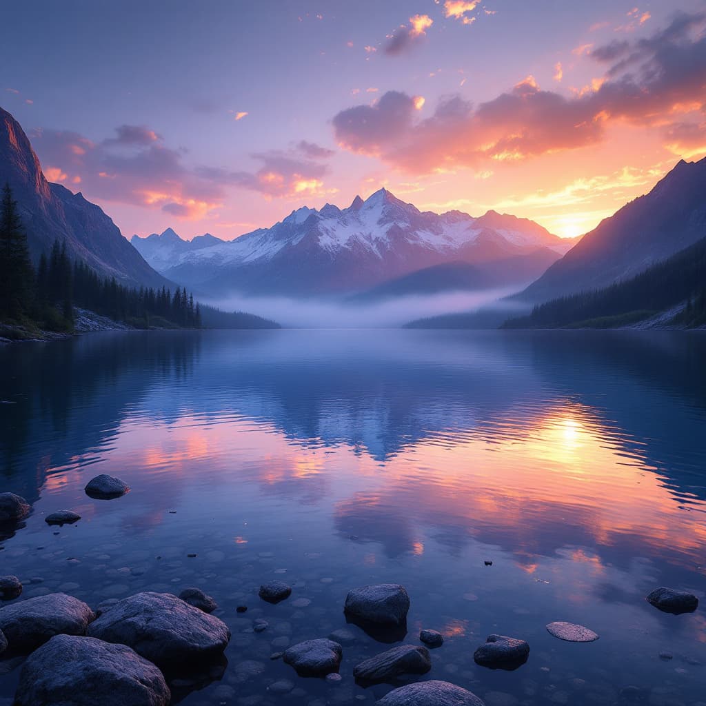 AI generated: A serene mountain lake at dawn, photorealistic, vibrant colors, 4k