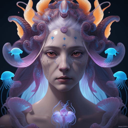 AI generated: Goddess close-up portrait ribcagel. jellyfish phoenix head, nautilus, orchid, skull, betta fish, bio...