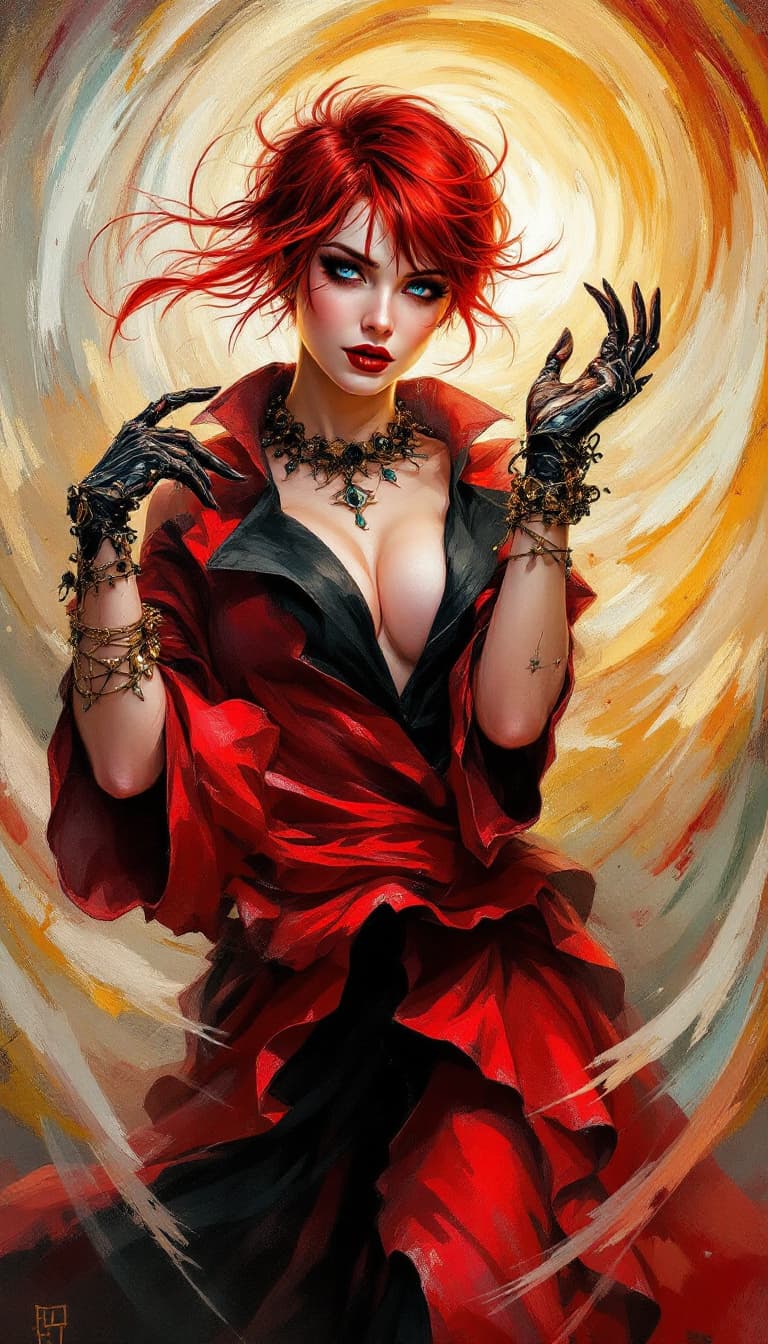 AI generated: "Crimson Muse in a Theatrical Vortex": A dynamic abstract painting captures a muse, showcasing both ...