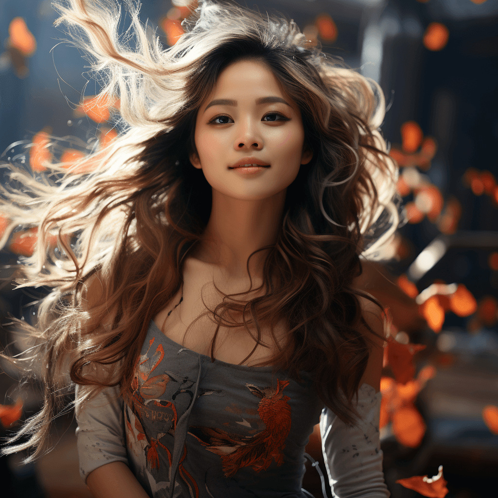 AI generated: an asian woman with big long hair showing her smile, in the style of ray tracing, rtx on, tattoo-ins...