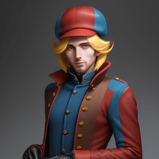 AI generated: A 27 year old man, wearing felt narrow brim hat, a yellow wig, a blue round tail outside jacket, a r...