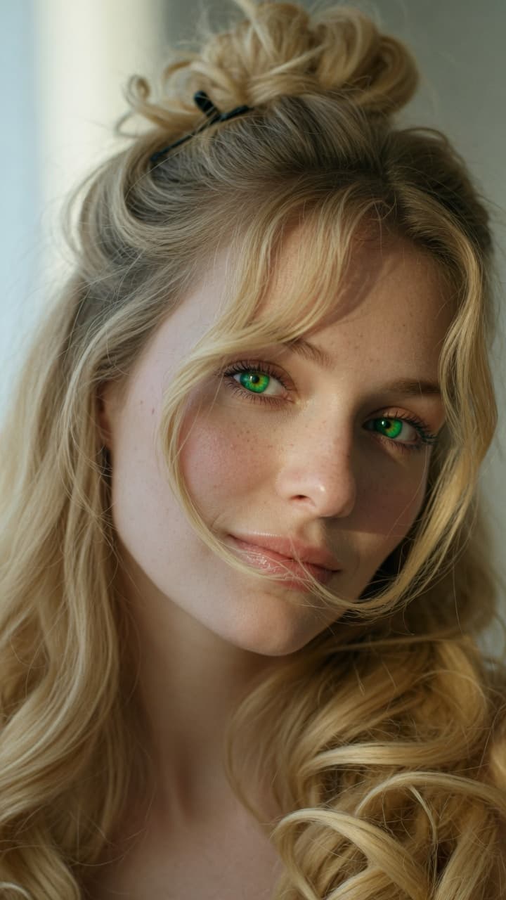 AI generated: "Ultra-realistic cinematic portrait photograph of the most stunningly beautiful blonde woman, captur...