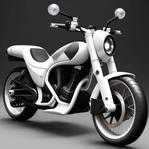AI generated: Lucid pearl white motorbike, roots, wooden parts, carbonfiber wicker bones, stealth robocop, translu...