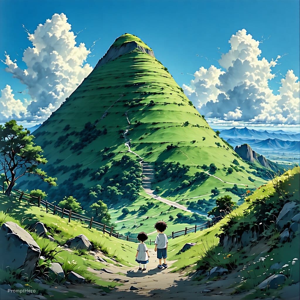 AI generated: a highly detailed matte painting of a young boy and girl at the bottom of a huge hill by studio ghib...