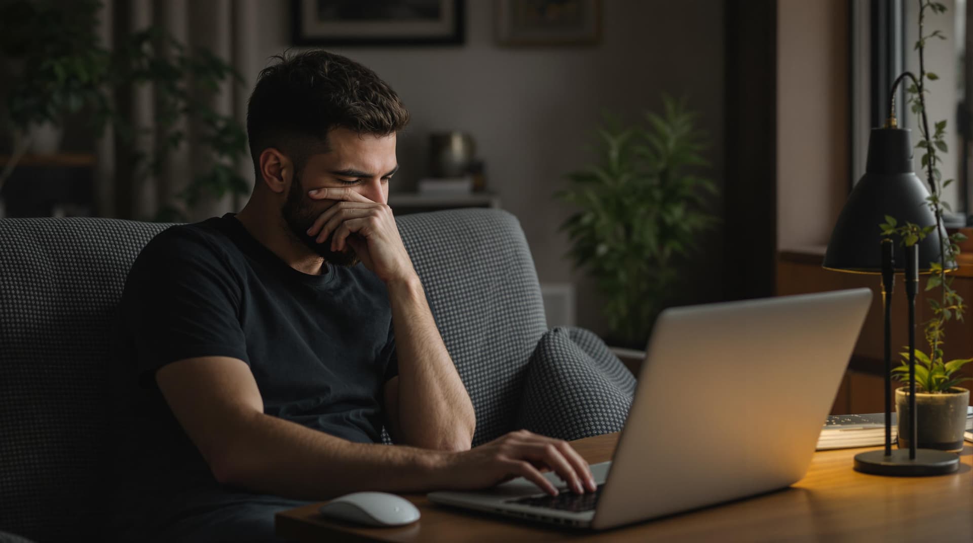 AI generated: alone man and sad with laptop
