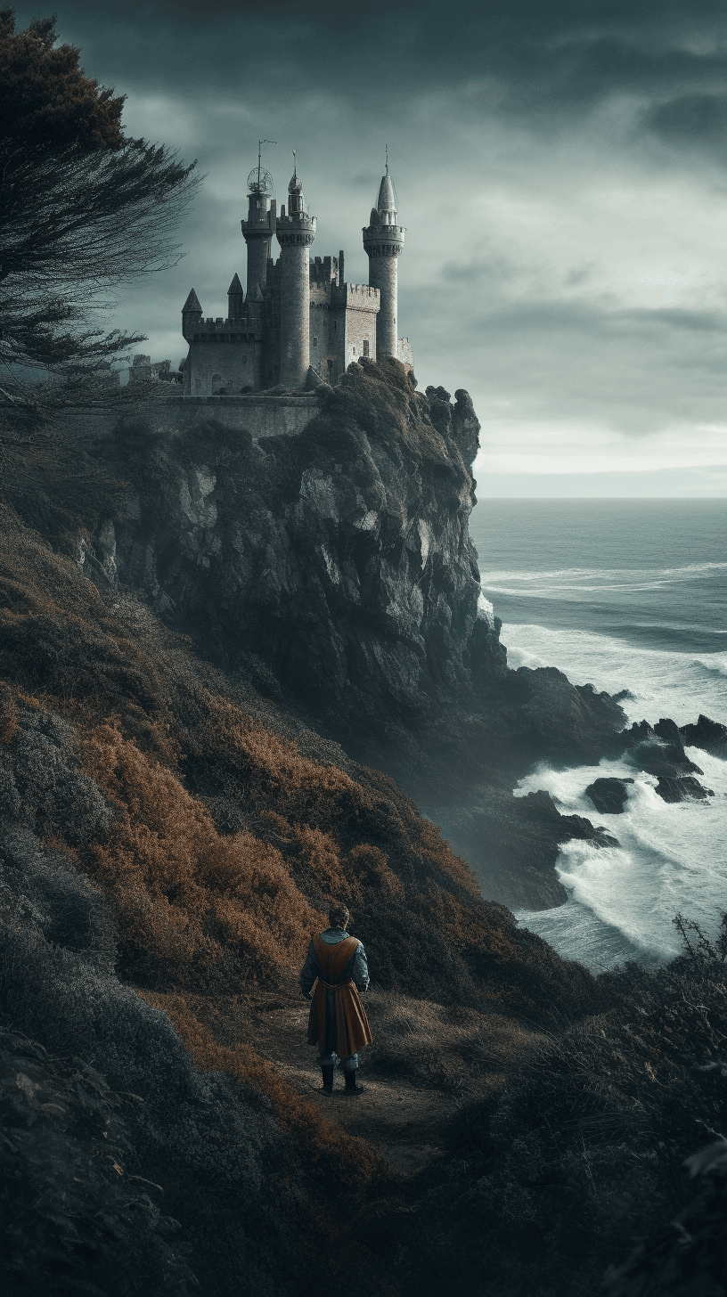 AI generated: A magnificent castle on a cliff edge overlooking the ocean, with crashing waves and seagulls in the ...