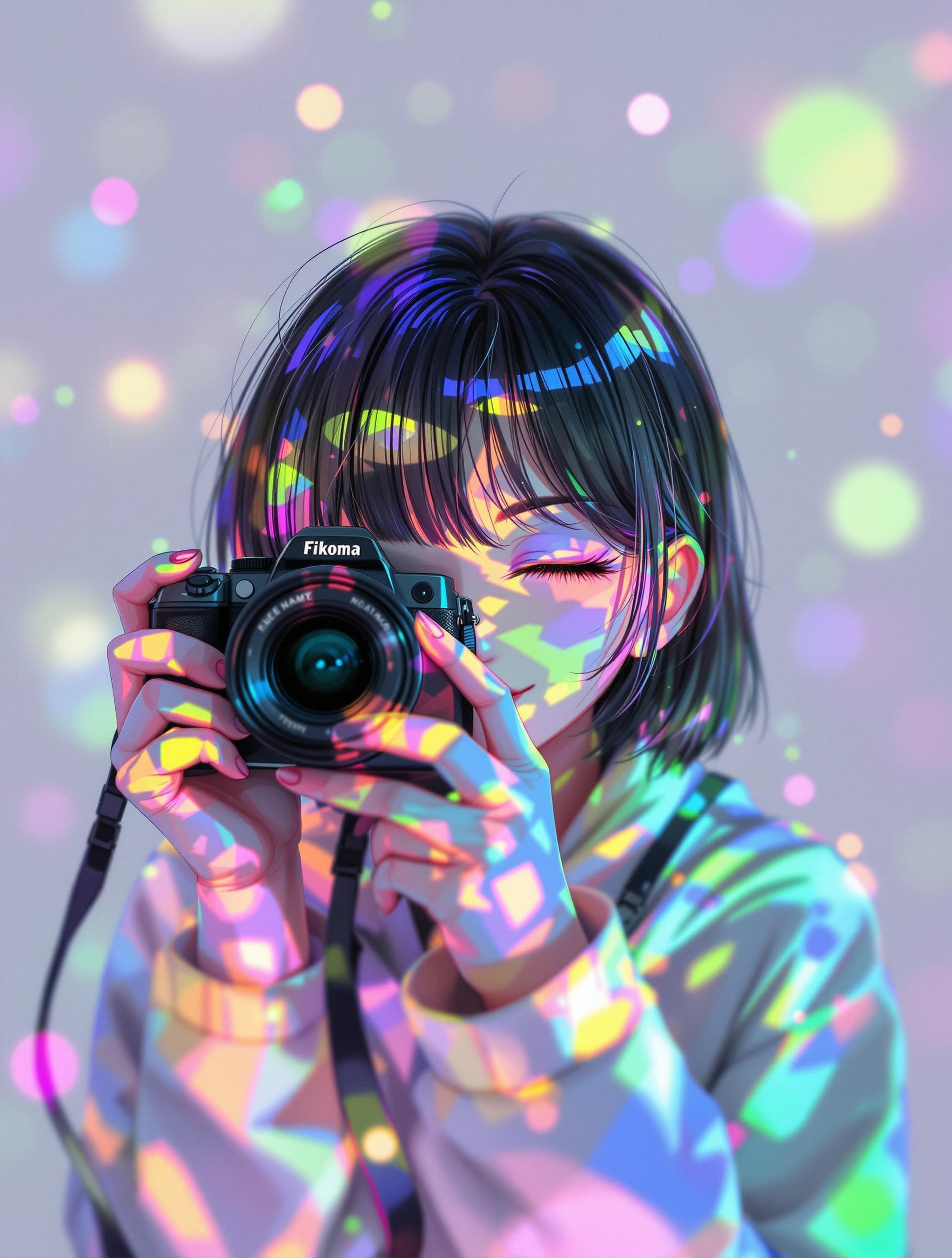 AI generated: A vibrant anime, background white, capturing a moment with a digital camera, playfully closing one e...