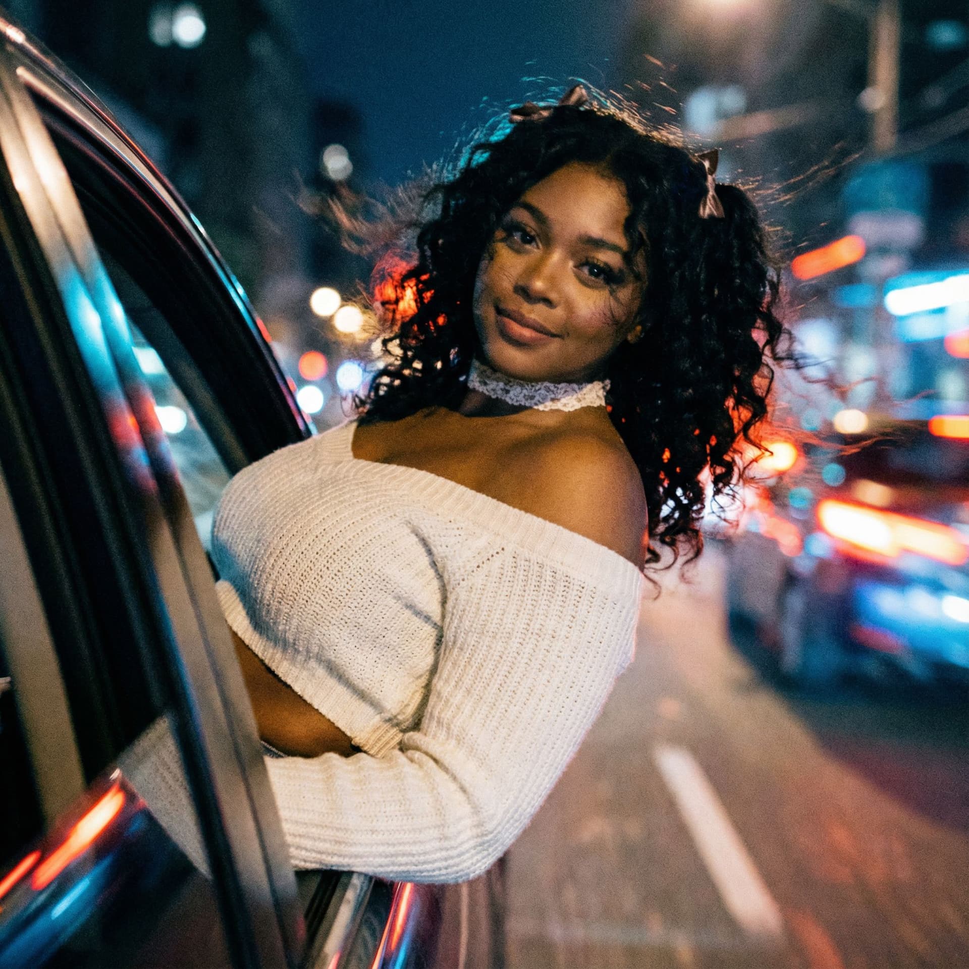 AI generated: Create a ccolor photo of me leaning my back out the window car like a dark dreamy blurry vintage win...