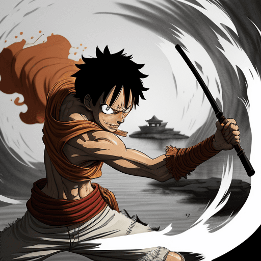 AI generated: Luffy in Ghost Island Battle Cato, Luffy Wins,Tradition Chinese Ink Painting style,first-person view...