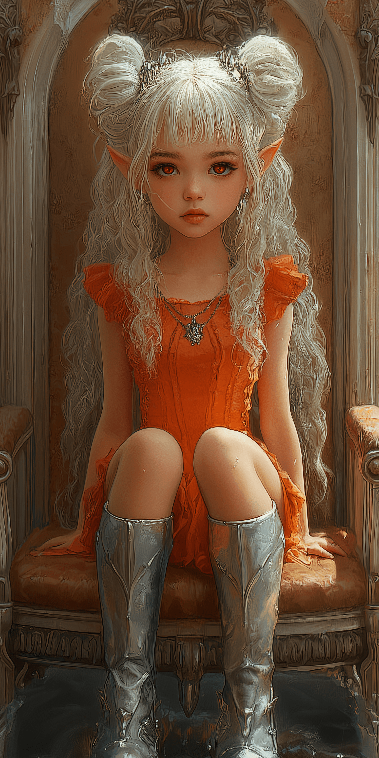 AI generated: A little elf girl with white curly hair, wearing an orange dress and silver boots is sitting on the ...