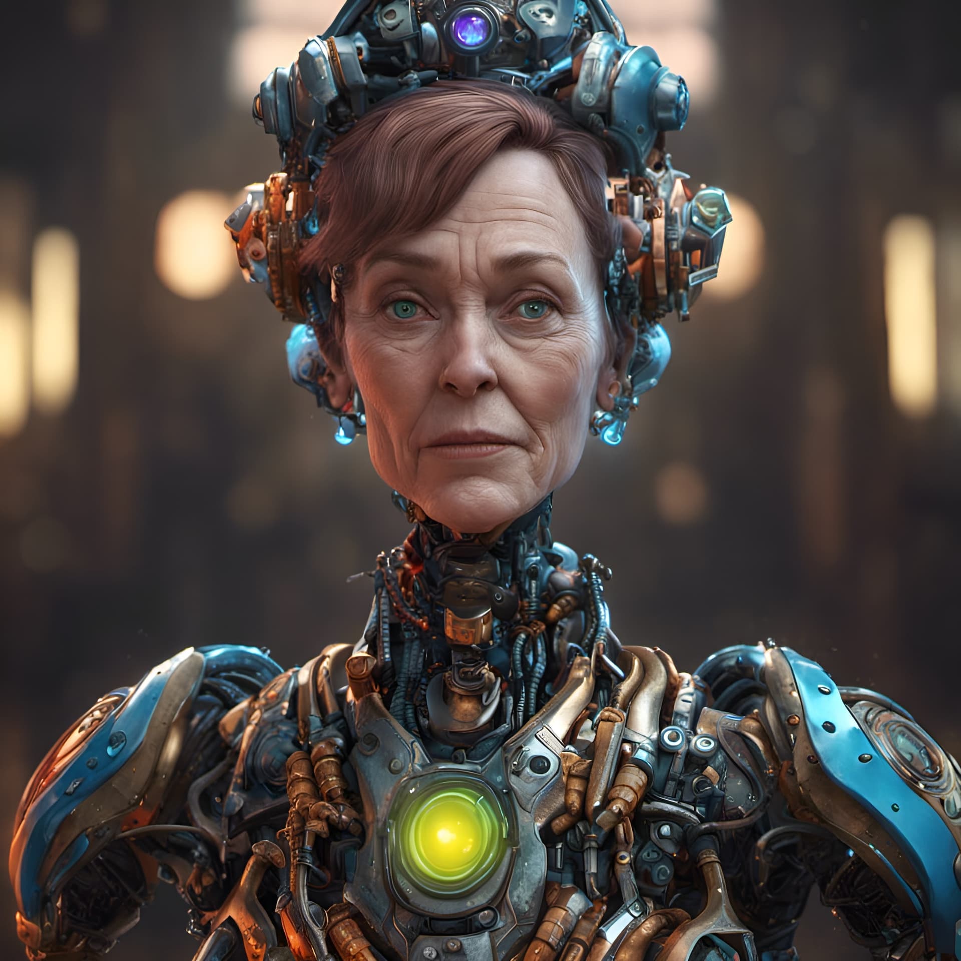 AI generated: Portrait of Aunt Fanny from Robots in 3d render, detailed, intricate, full of colour, cinematic ligh...