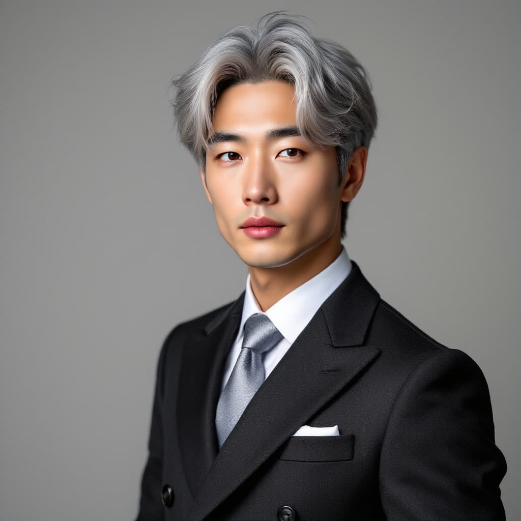 AI generated: Studio portrait of a 27-year-old East Asian man, pale skin, layered medium-length silver hair, clean...