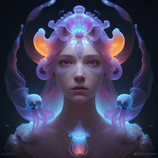 AI generated: Goddess close-up portrait ribcagel. jellyfish phoenix head, nautilus, orchid, skull, betta fish, bio...
