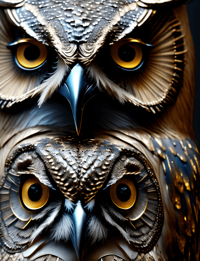 AI generated: Owl, front view, metallic skin, melting into the patinated background, brilliant modern abstract met...