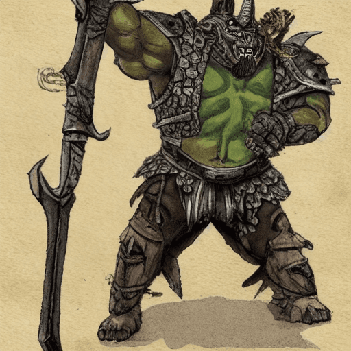 AI generated: Create an image featuring four fictional characters in a fantasy setting:

    Orc, 2 meters tall, a...