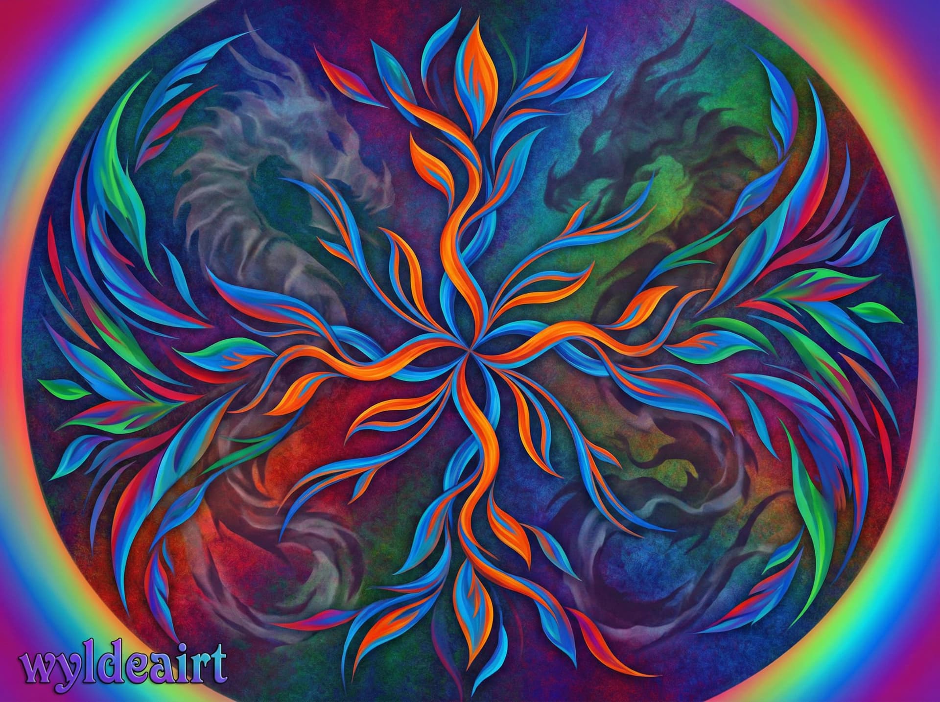 AI generated: Image is a vibrant digital artwork featuring an abstract, circular design with a kaleidoscope of col...