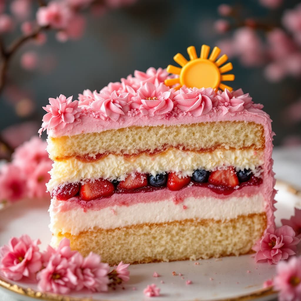 AI generated: Close up photograph of a slice of layered cake with a cherry blossom theme, a layer of fruit filling...