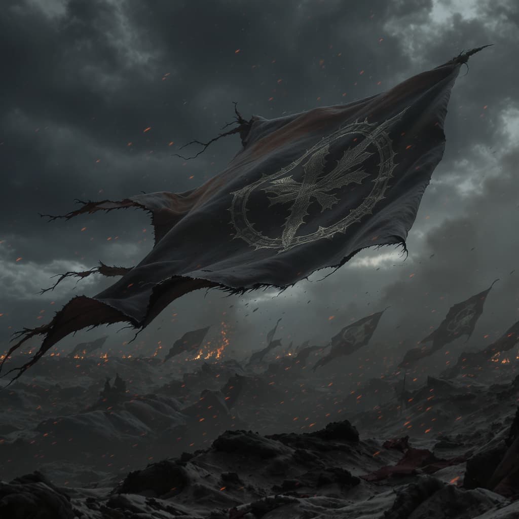 AI generated: Epic fantasy medieval battlefield after a massive war. Strong wind blowing across the scene, violent...