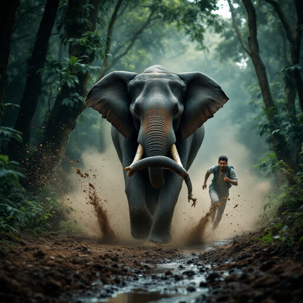 AI generated: Create a dramatic and dynamic realistic image set in a deep Kerala forest, depicting an elephant run...